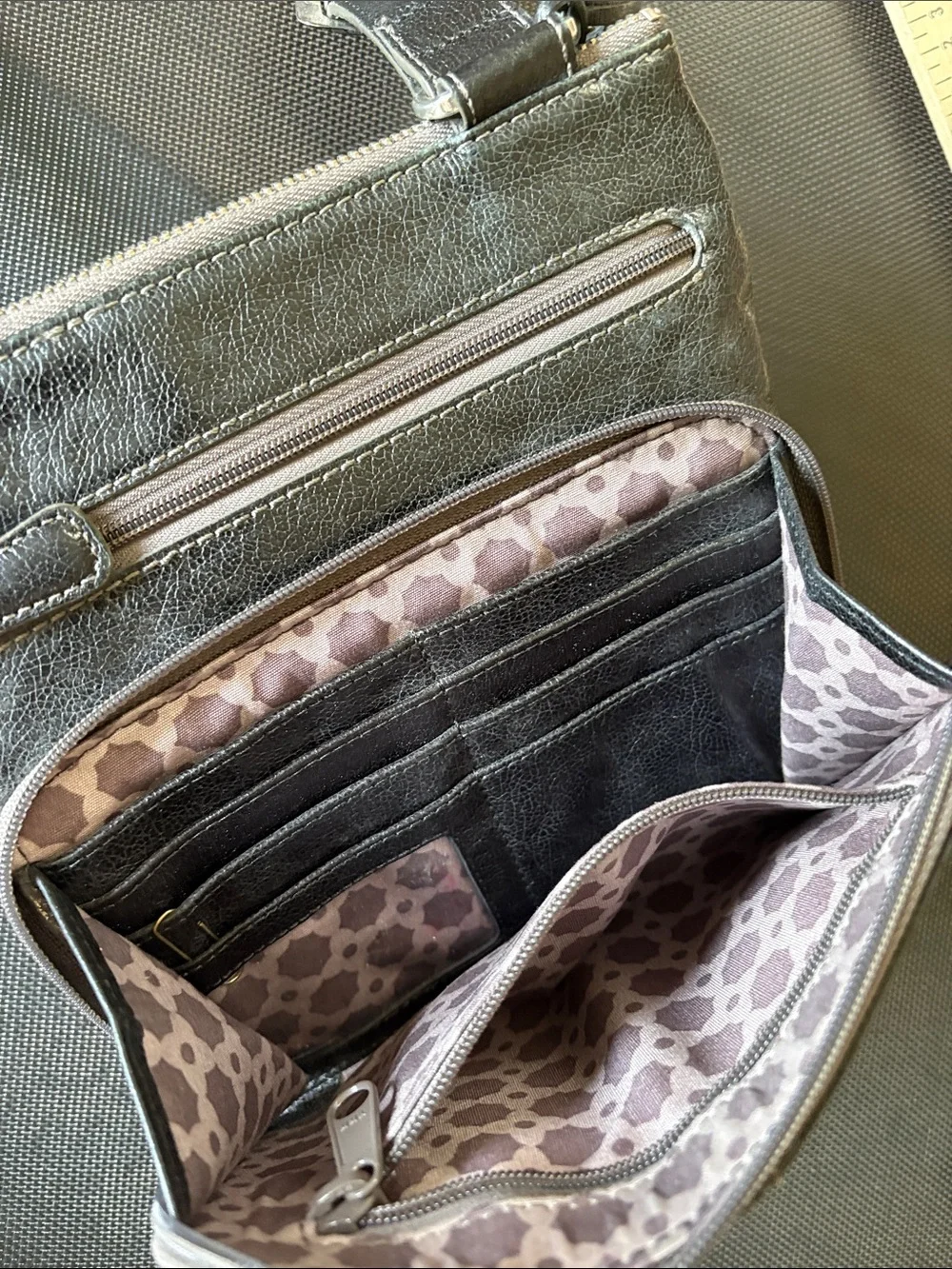 Brighton Black Leather Messenger Bag with Silver Buckle Accents
